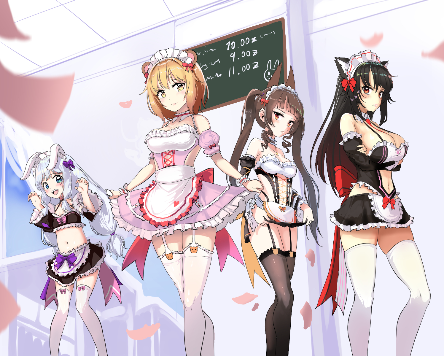 Soulworker　ステラ エロ evasong, haru estia, iris yuma, lily bloomerchen, stella unibell, soulworker,  black legwear, silver hair, white legwear, highres, 4girls, animal ears,  apron, bare shoulders, black hair, black skirt, blonde hair, blue eyes,  blunt
