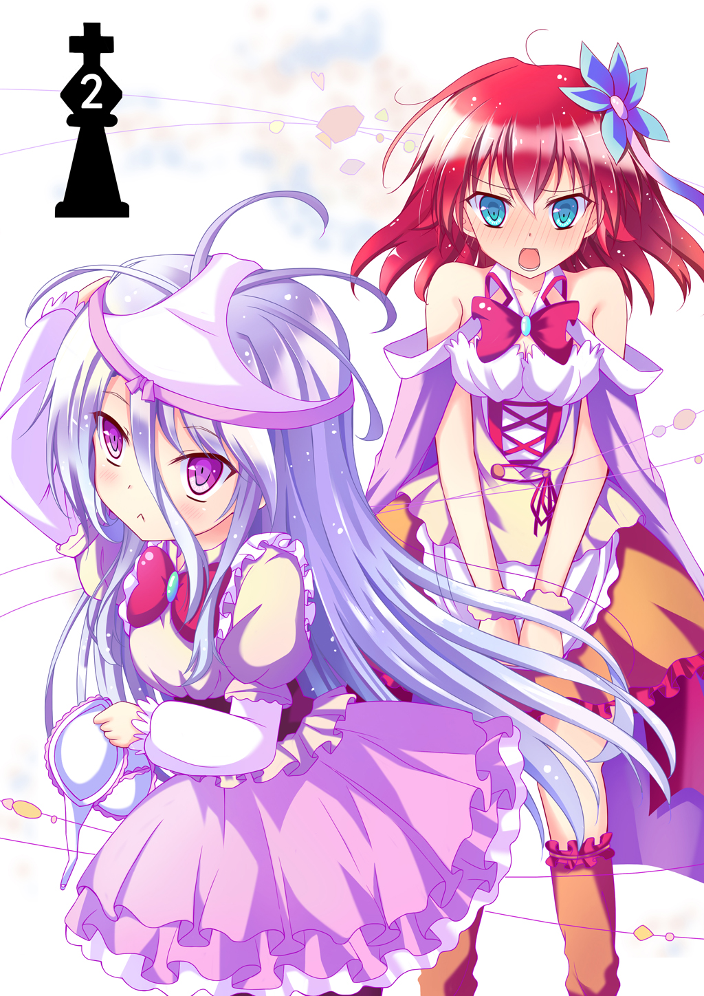 no game no life hentai ステフ 白 feijitian, shiro (no game no life), stephanie dora, no game no life, silver  hair, highres, 10s, 2girls, :&lt;, alternate costume, blue eyes, blush,  bow, bow panties, bra, chess piece, clothes theft, dress,