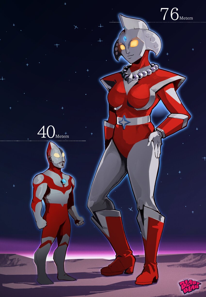 blabyblab, ultraman, ultrawoman beth, tsuburaya productions, ultra series,  ultraman: the adventure begins, ultraman (1st series), red footwear,  absurdres, commentary, english commentary, highres, 1boy, 1girl, armor,  artist name, belt, belt buckle ...