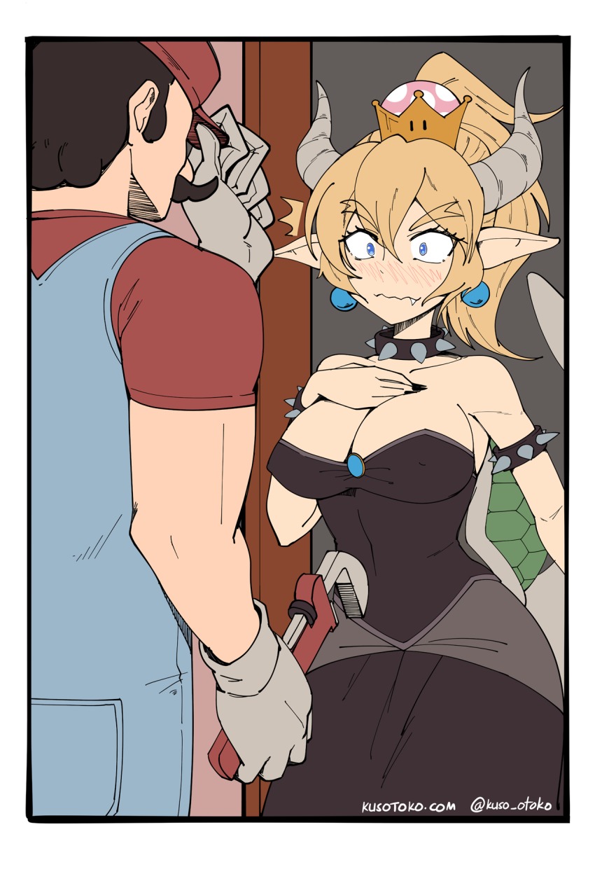 kuso otoko, bowsette, mario, mario (series), new super mario bros. u  deluxe, nintendo, highres, 1boy, 1girl, armlet, bare shoulders, black  dress, blonde hair, blue eyes, blush, breasts, cleavage, collar, comic,  crown, dress,