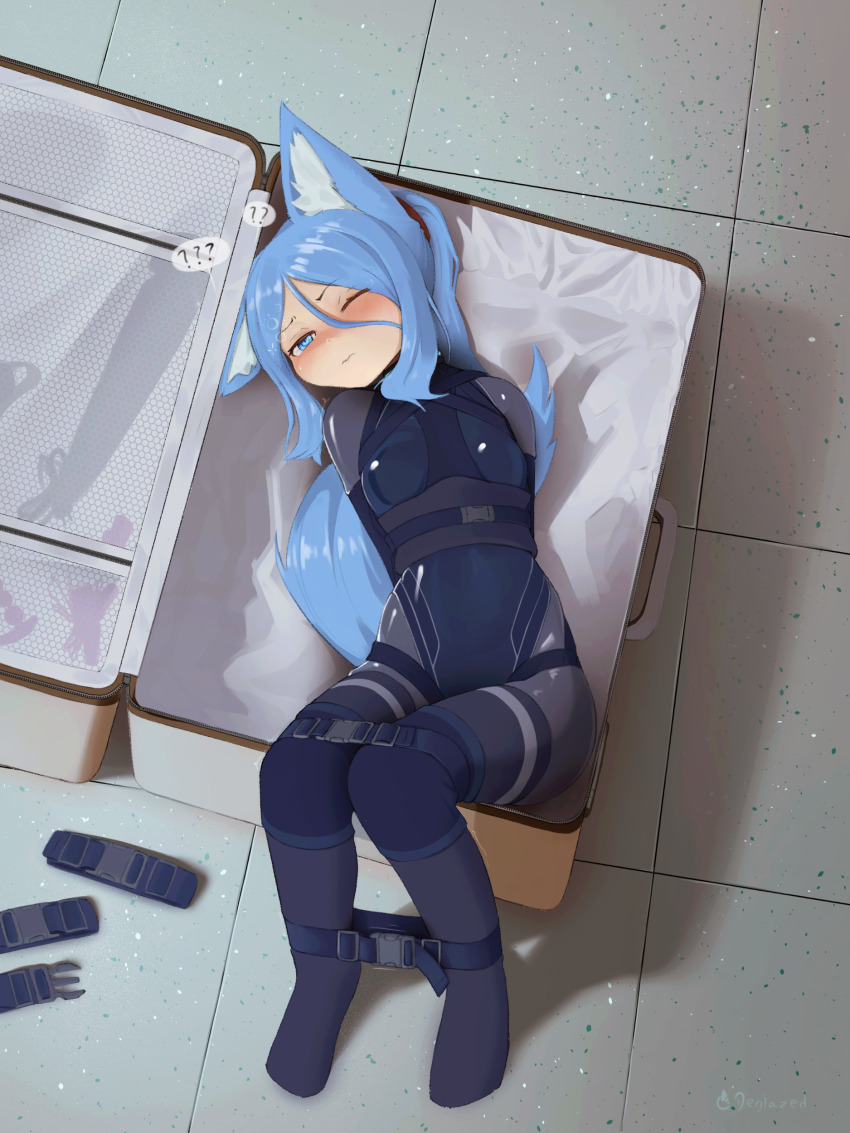 deglazed, hotel01, original, absurdres, highres, 1girl, ?, animal ear  fluff, animal ears, armbinder, arms behind back, bdsm, blue eyes, blue  hair, blue tail, blush, bodysuit, bondage, bound, bound arms, bound legs,  box,