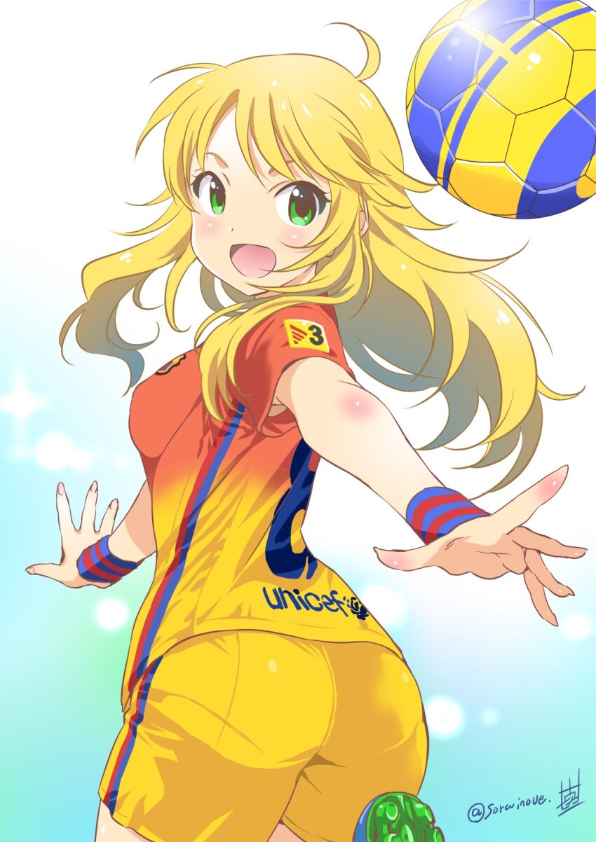 volleyball pantylines inoue sora, hoshii miki, fc barcelona, idolmaster, idolmaster (classic),  highres, photoshop (medium), translated, 1girl, :d, ahoge, alternate  costume, armpit peek, ass, ball, blonde hair, blush, body blush, breasts,  catalonian, character name, cleats,