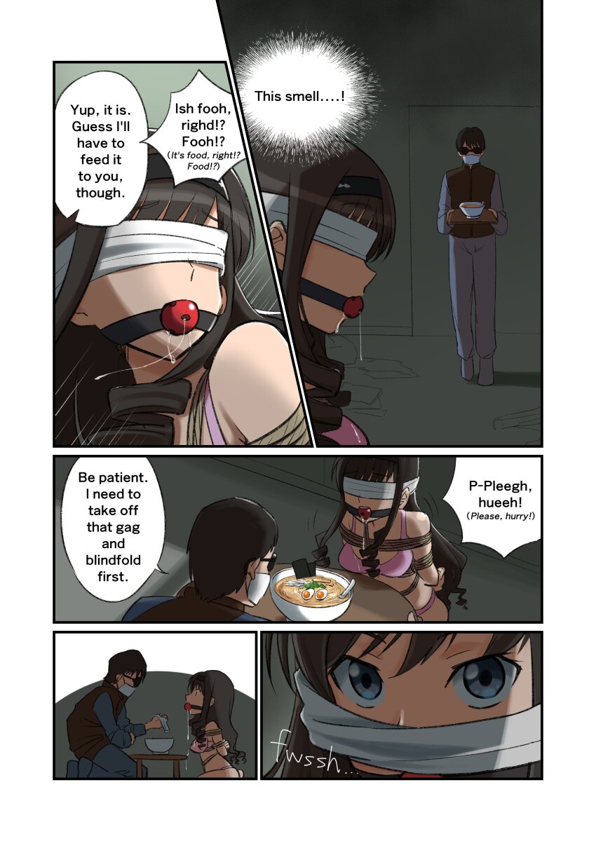 please bind and gag me tamawwwwwwwww, morishima haruka, amagami, absurdres, highres, 1boy, 1girl,  arms behind back, ball gag, bdsm, blindfold, blue eyes, bondage, bound,  bra, brown hair, comic, crotch rope, english text, food, gag, indoors,  kidnapped, long