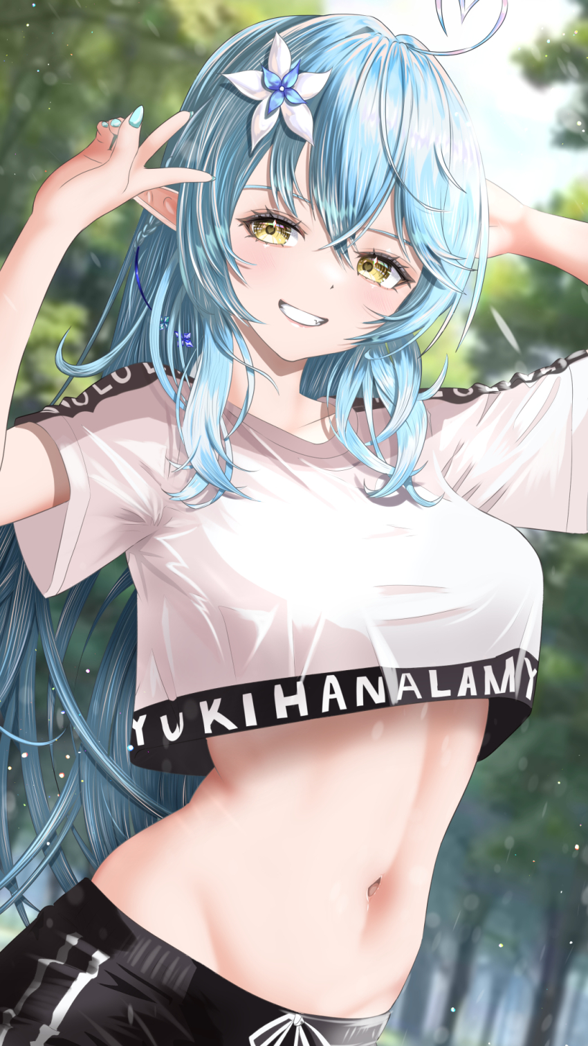 yukihanalamy hentai wakaunderblade7, yukihana lamy, hololive, commentary request, highres,  1girl, ahoge, arched back, blue hair, blue nails, braid, breasts, character  name, clothes writing, colored tips, crop top, crop top overhang, crossed  bangs, double-parted bangs,