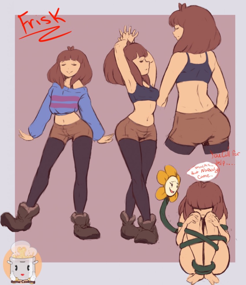 home-cooking, female frisk (undertale), flowey (undertale), frisk (undertale),  undertale, utdr (toby fox), black footwear, highres, 1girl, back, barefoot,  bra, brown hair, crop top, feet, looking back, midriff, multiple views,  navel, nude, pantyhose,