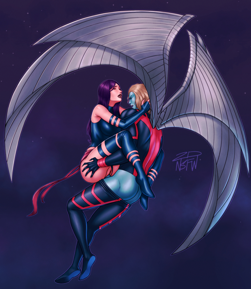 angel (x-men), psylocke, marvel, x-men, ass grab, artist request, highres,  1boy, 1girl, ass, blonde hair, blue leotard, blue thighhighs, breasts,  curvy, erection, flying, hetero, highleg, highleg leotard, large breasts,  leotard, long hair,