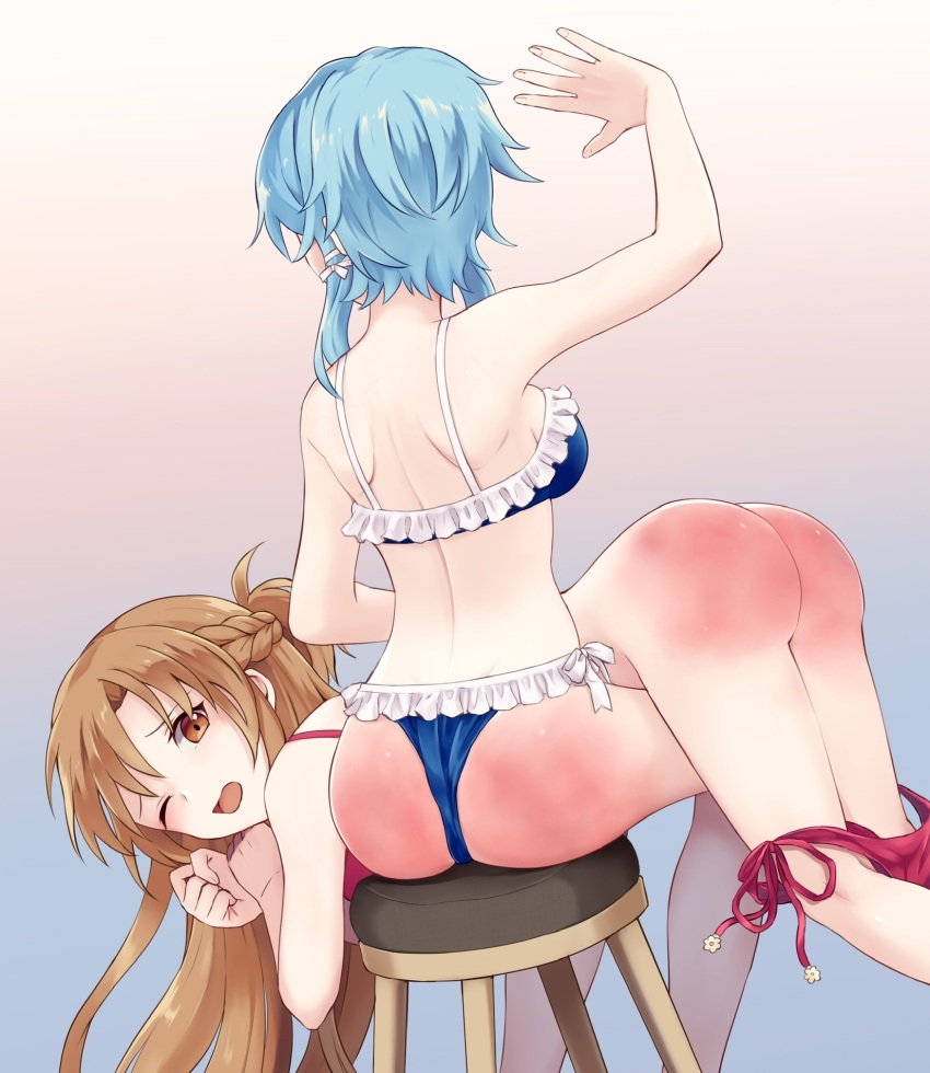 asuna (sao), sinon, sword art online, highres, 2girls, ass, female focus,  multiple girls, punishment, simple background, spanked, spanking - Image  View - | Gelbooru - Anime Art & Hentai Gallery - Free to Explore