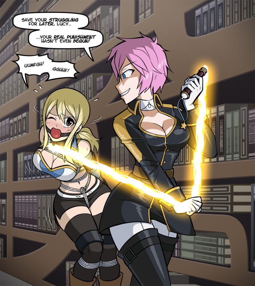 wossarem, lucy heartfilia, virgo (fairy tail), fairy tail, 2girls, ball  gag, bdsm, blonde hair, blue eyes, blush, bondage, bound, breasts, brown  eyes, cleavage, dominatrix, gag, gagged, large breasts, medium breasts,  midriff, multiple