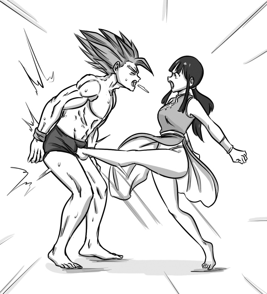 ocigart, chi-chi (dragon ball), son gohan, dragon ball, traditional  clothes, highres, 1boy, 1girl, ball busting, bare arms, bare legs,  barefoot, bdsm, cbt, crotch kick, dress, feet, femdom, kicking, legs, long  hair, panties,