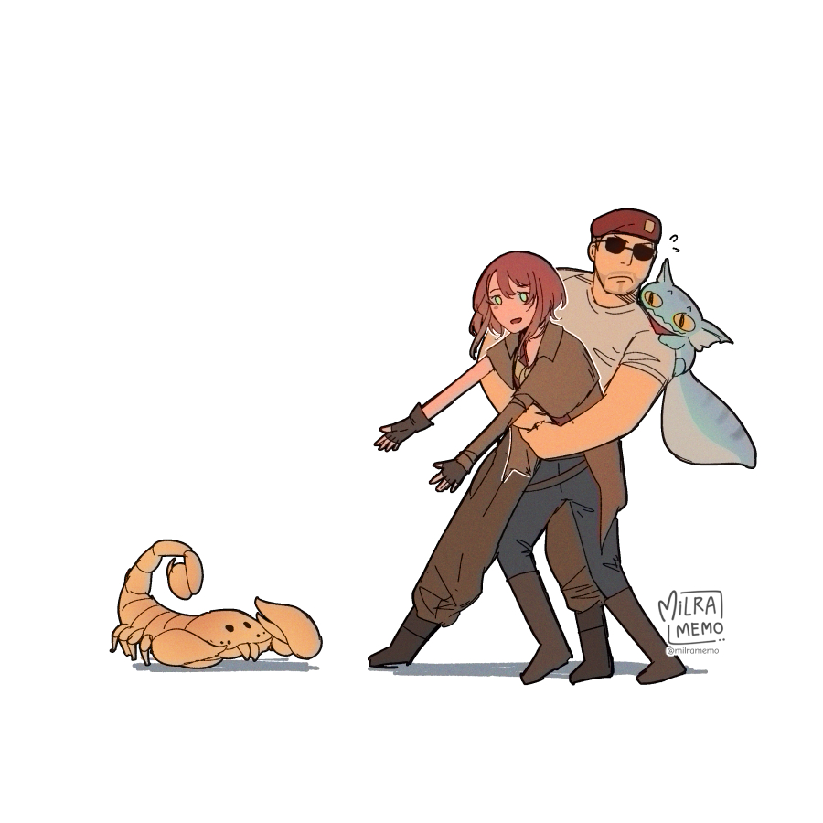 1boy 1girl animal animal_on_shoulder bark_scorpion beret black_pants boots brown_boots brown_hair brown_pants brown_shoes closed_mouth commentary courier_(fallout:_new_vegas) craig_boone english_commentary fallout fallout:_new_vegas flying_sweatdrops gecko green_eyes hat holding_back jalapeno_(milramemo) milramemo noelle_rutherford outstretched_arms pants red_hat scorpion shadow shoes signature simple_background smile sunglasses twitter_username white_background