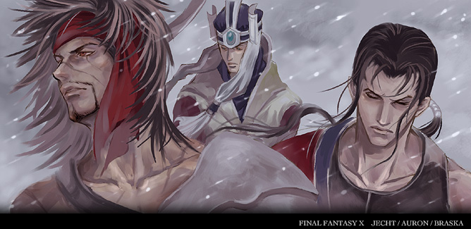 00s 3boys arisue_kanako auron black_hair braska brown_hair character_name collarbone copyright_name closed_eyes facial_hair final_fantasy final_fantasy_x jecht male_focus multiple_boys purple_hair snow wind