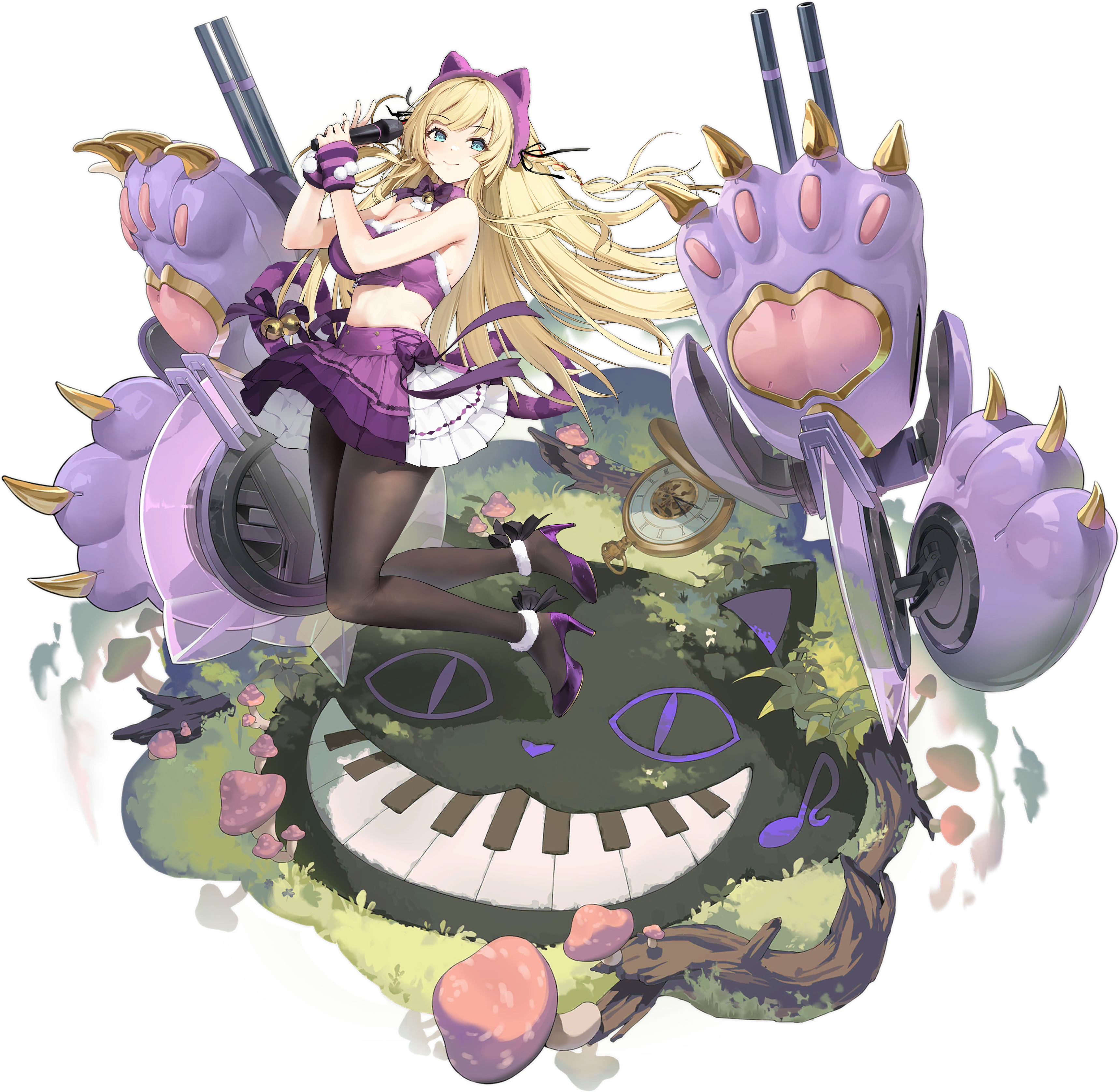 1girl absurdres alice's_adventures_in_wonderland animal_ears arm_warmers azur_lane bare_shoulders bell black_pantyhose blonde_hair blue_eyes bow bowtie braid breasts byulzzi cat_ears cat_tail clock confetti crop_top fake_animal_ears full_body hair_ribbon high_heels highres holding holding_microphone jingle_bell kongou_(azur_lane) kongou_(muse)_(azur_lane) large_breasts layered_skirt long_hair looking_at_viewer microphone mushroom navel non-web_source official_art pantyhose pleated_skirt pom_pom_(clothes) purple_bow purple_bowtie purple_footwear purple_skirt ribbon rigging skirt smile solo tail transparent_background white_skirt