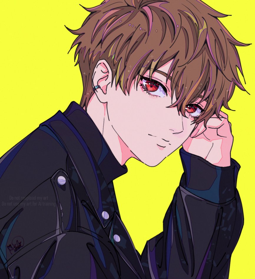 1boy arm_up black_jacket brown_hair closed_mouth commentary earrings free! hair_between_eyes jacket jewelry kirishima_natsuya lapels long_sleeves looking_at_viewer male_focus notched_lapels piercing red_eyes solo upper_body xrinkix