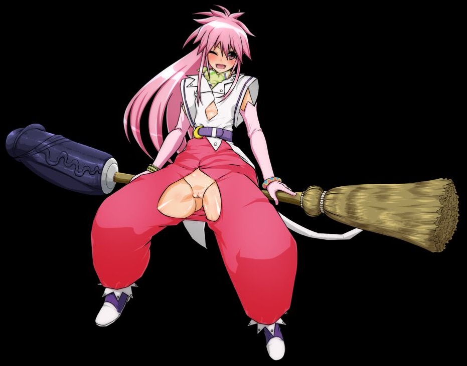 1girl arche_klein bottomless broom cleft_of_venus clothing_cutout cutout dildo flashing happy huge_dildo long_hair looking_at_viewer no_panties pink.s pink_hair ponytail presenting presenting_pussy pussy pussy_cutout revealing_clothes sex_toy smile solo tales_of_(series) tales_of_phantasia witch