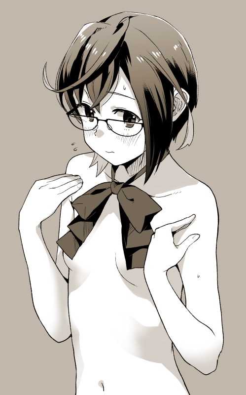 1girl asymmetrical_hair blush bow bowtie breasts closed_mouth flying_sweatdrops glasses kantai_collection looking_at_viewer makio_(makiomeigenbot) monochrome okinami_(kancolle) short_hair simple_background small_breasts solo sweat topless_female upper_body
