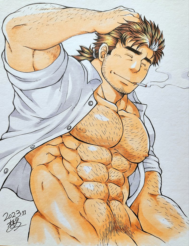 1boy abs arm_hair autumn_yarofes:2023 bara bare_pectorals beard_stubble brown_hair chest_hair cigarette closed_eyes dated facial_hair flaccid hairy hand_hair hand_in_own_hair hand_on_own_head large_pectorals long_sideburns male_focus mature_male mononobe_kyoma multicolored_hair muscular muscular_male navel navel_hair nipples obliques open_clothes open_shirt pectorals penis penis_out_of_frame photo_(medium) pubic_hair short_hair sideburns smile solo stomach streaked_hair stubble sunfight0201 thick_eyebrows tokyo_houkago_summoners white_hair