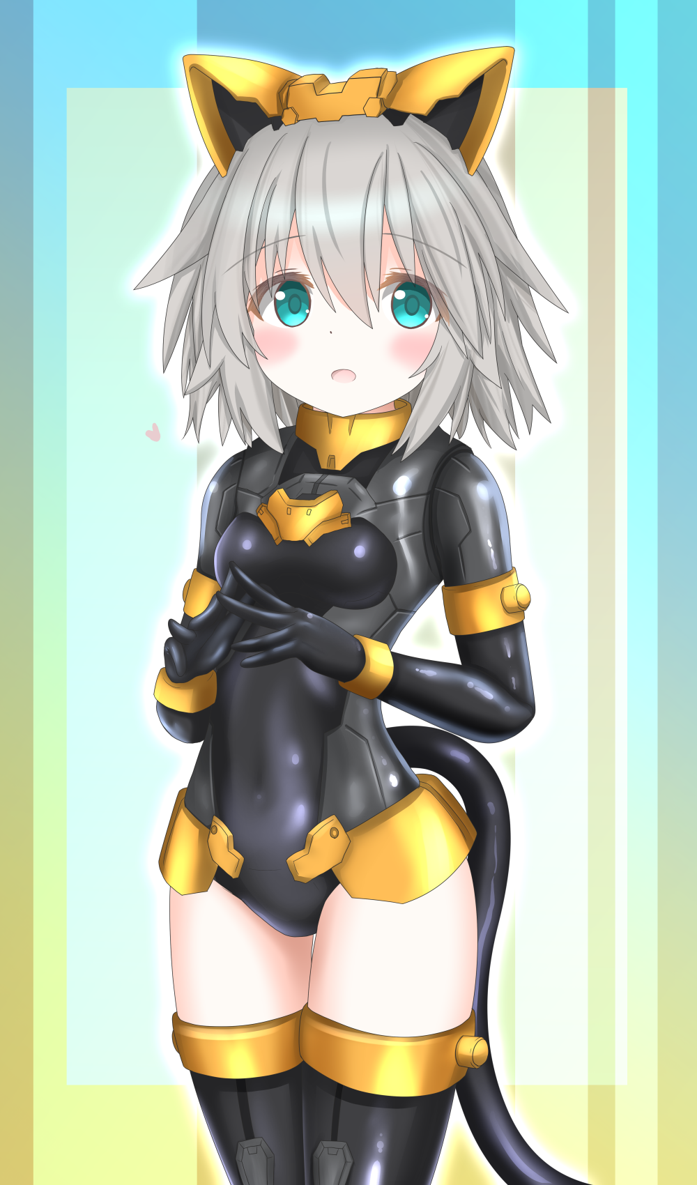 30_minutes_sisters animal_ears black_gloves black_leotard blue_eyes blush breasts cable cable_tail cat_ears covered_navel elbow_gloves fake_animal_ears gloves heart highres langley1000 leotard looking_to_the_side mechanical_ears mechanical_tail medium_hair own_hands_together rishetta_(30ms) small_breasts tail
