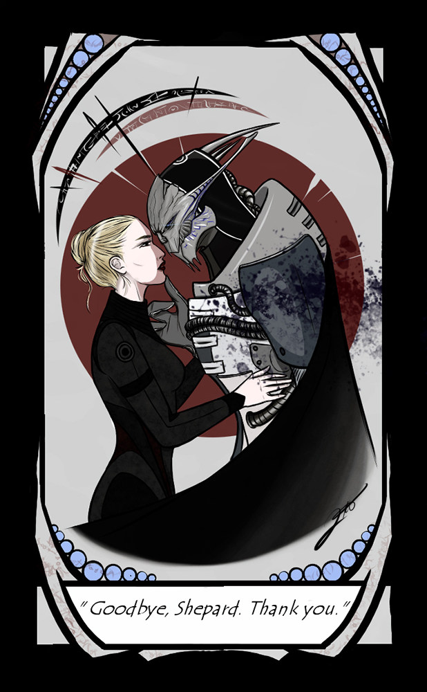 1boy 1girl alien commander_shepard commander_shepard_(female) couple deviantart english_text grabbing_another&#039;s_chin hand_on_another&#039;s_chin lrtrevelyan mass_effect_(series) saren_arterius turian