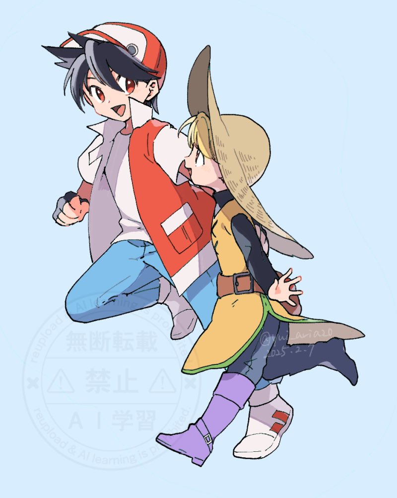 1boy 1girl :d black_gloves black_hair blonde_hair blue_background blue_pants brown_hat creatures_(company) fingerless_gloves from_side full_body game_freak gloves hat looking_at_another nintendo open_mouth pants pokemon pokemon_adventures purple_footwear red_(pokemon) red_eyes red_hat shirt short_hair smile tunic white_footwear white_shirt yellow_(pokemon) yellow_tunic yui_ko