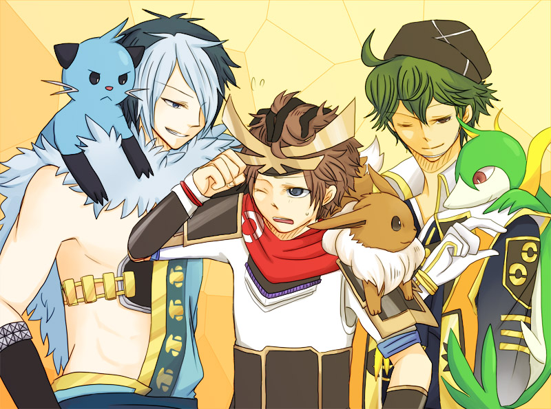 armor blue_eyes brown_hair chen_(1717) chosokabe_motochika dewott eevee embarrassed fur_collar fur_trim gen_1_pokemon gen_5_pokemon gloves green_hair hand_on_another&#039;s_head hat headdress hero_(pokemon_conquest) japanese_clothes mouri_motonari multicolored_hair nintendo on_shoulder one_eye_closed parted_lips pokemon pokemon_(creature) pokemon_conquest pokemon_on_shoulder ruffling_hair scarf sengoku_musou servine smile sweatdrop two-tone_hair