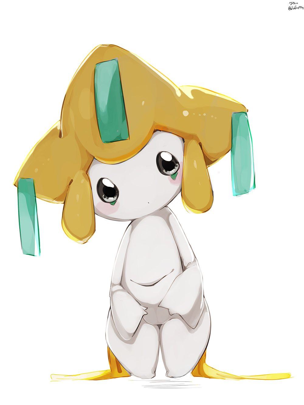 1girl artist_name backlighting black_eyes blush blush_stickers closed_mouth colored_skin dot_mouth female_focus flat_chest full_body gen_3_pokemon head_tilt highres jirachi legendary_pokemon my700 mythical_pokemon nintendo pokemon pokemon_(creature) pussy signature simple_background solo standing third_eye twitter_username uncensored white_background white_skin
