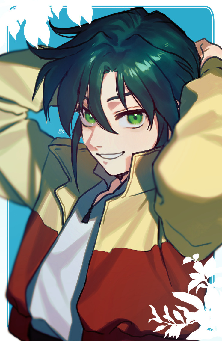 1boy after_war_gundam_x arms_behind_head arms_up blue_bag border commentary_request garrod_ran green_eyes grin gundam hair_between_eyes high_collar jacket long_sleeves looking_at_viewer male_focus multicolored_jacket open_clothes open_jacket outside_border red_jacket shirt short_hair smile solo two-tone_jacket upper_body ususio_11 v-shaped_eyebrows white_border white_shirt yellow_jacket