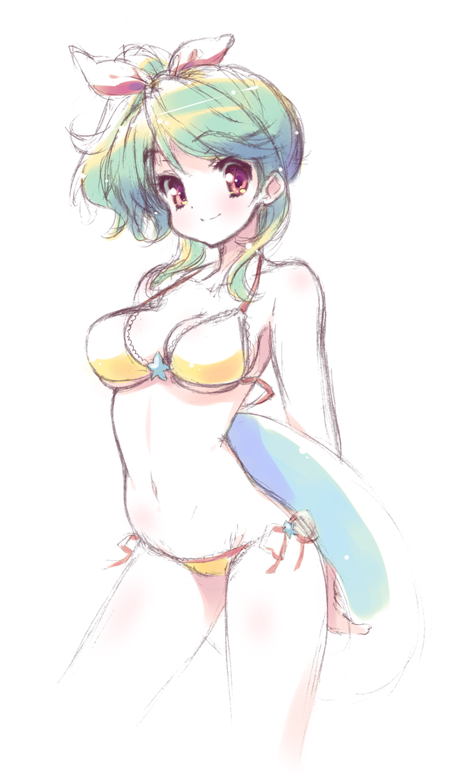 1girl arms_behind_back bikini breasts cleavage female_focus frilled_bikini frills green_hair hair_ribbon innertube looking_at_viewer navel original pandaki_(aki) red_eyes ribbon side-tie_bikini_bottom side_ponytail sketch smile solo strap_gap swim_ring swimsuit underboob white_background yellow_bikini