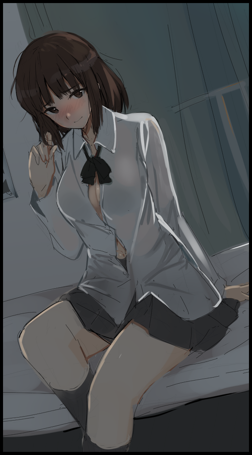 1girl amagami arm_support bad_id bad_pixiv_id black_border blush border breasts brown_eyes brown_hair cleavage closed_mouth collared_shirt dark dress_shirt dutch_angle female_focus grey_skirt grey_socks hand_in_own_hair kneehighs long_sleeves medium_breasts mobu navel nose_blush on_bed pleated_skirt ruffling_hair shirt sitting skirt smile socks solo tanaka_keiko_(amagami) white_shirt