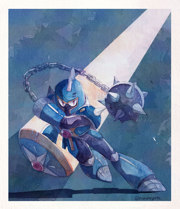 1boy armor armored_boots ball_and_chain_(weapon) blue_armor blue_helmet boots buckler chain chest_jewel gem helmet holding holding_shield knight_man light_rays looking_at_viewer male_focus mega_man_(classic) mega_man_(series) mega_man_6 mohawk pauldrons popopoyata red_eyes red_gemstone robot shield shoulder_armor shoulder_spikes solo spiked_ball_and_chain spikes weapon