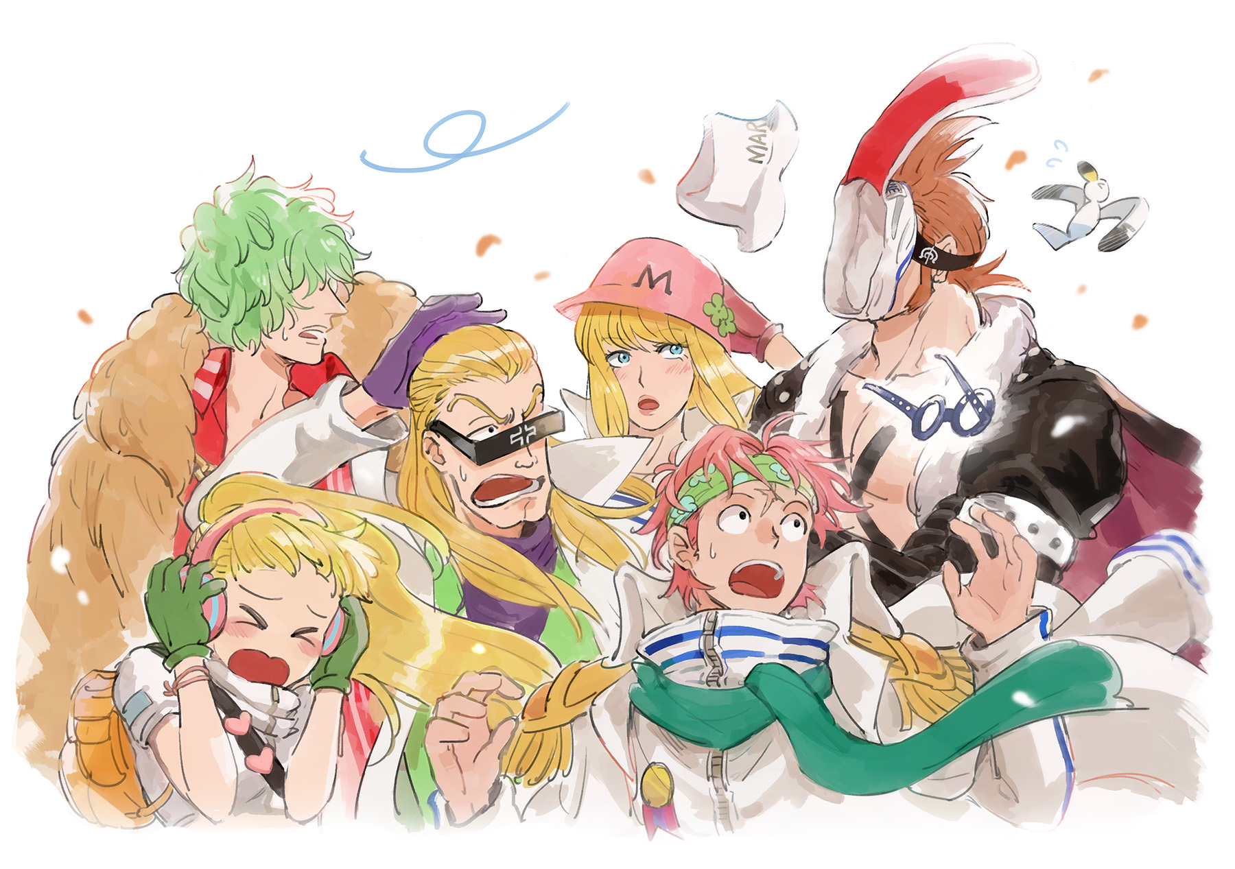 2girls 4boys bird blonde_hair blue_eyes blush brown_coat brown_hair coat coat_on_shoulders epaulettes fur_coat fur_trim gloves goggles green_gloves green_hair green_scarf headband headphones heart helmeppo hibari_(one_piece) highres koby_(one_piece) kujaku_(one_piece) long_hair marine_uniform_(one_piece) mocchi_(mkz) multiple_boys multiple_girls one_piece open_clothes open_mouth pink_hair prince_grus purple_gloves red_gloves scarf seagull short_hair sunglasses sweatdrop teeth wind x_drake
