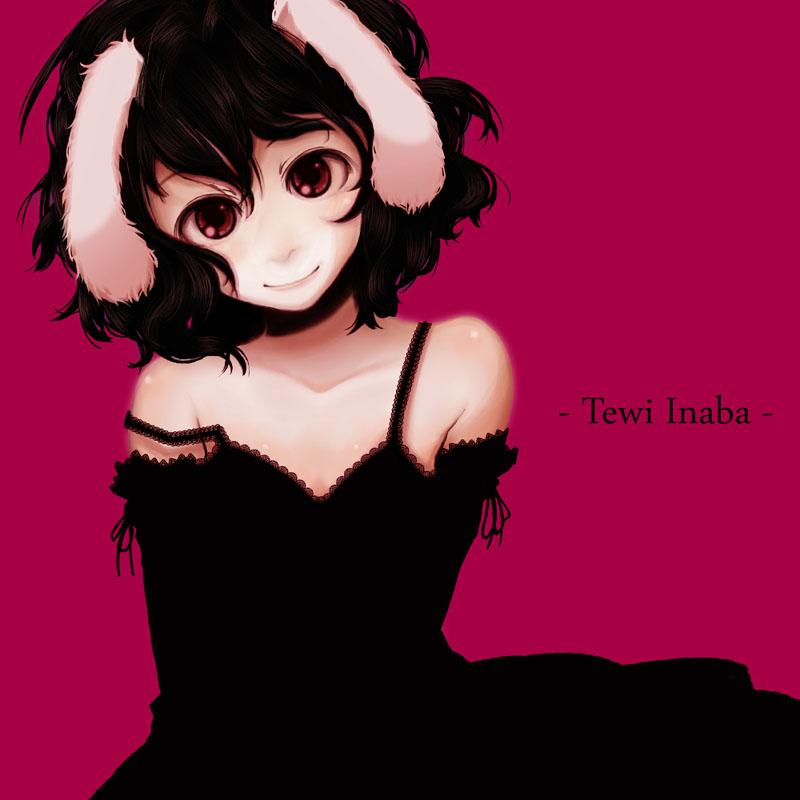 1girl alternate_costume animal_ears black_hair bow character_name female_focus head_tilt inaba_tewi lace messy_hair pink_hair rabbit_ears red_eyes shirousagi_una short_hair simple_background smile solo strap_slip touhou upper_body