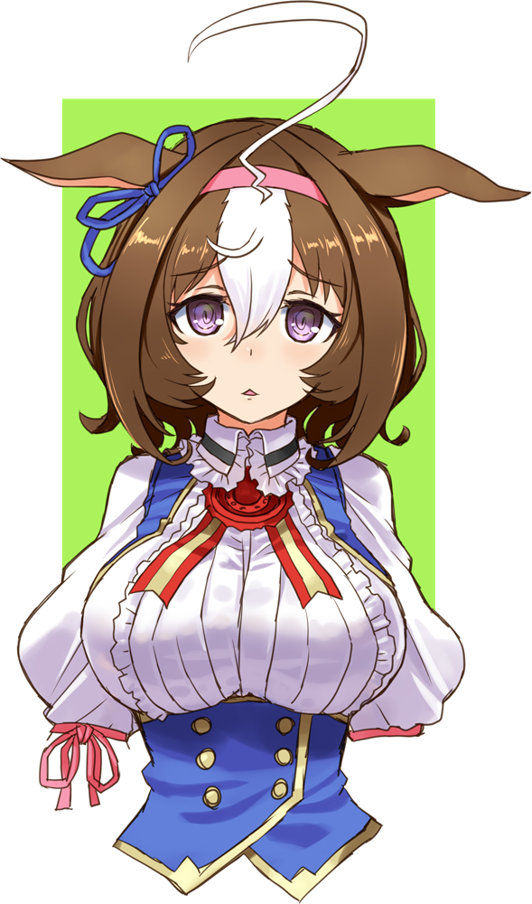 1girl ahoge animal_ears bow breasts brown_hair collar collared_shirt commentary cropped_arms cropped_torso ear_ribbon frilled_collar frills hairband horse_ears horse_girl katahira_masashi large_breasts light_frown looking_at_viewer medium_hair meisho_doto_(umamusume) neck_ribbon outside_border parted_lips pink_hairband purple_eyes red_ribbon ribbon shirt solo umamusume underbust upper_body white_hair white_shirt