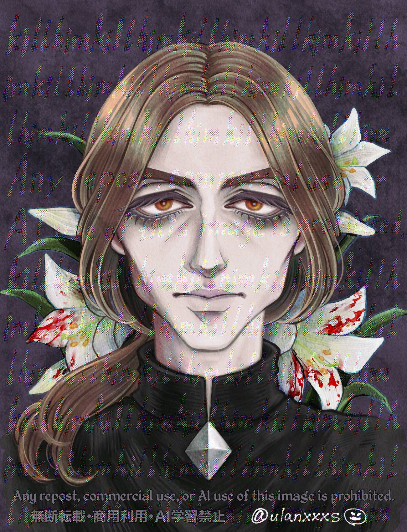 1boy artist_name black_jacket blonde_hair blood_on_flower brown_eyes english_text flower highres jacket looking_at_viewer male_focus mathieu_bellamont portrait solo the_elder_scrolls the_elder_scrolls_iv:_oblivion ulanxxxs watermark white_flower
