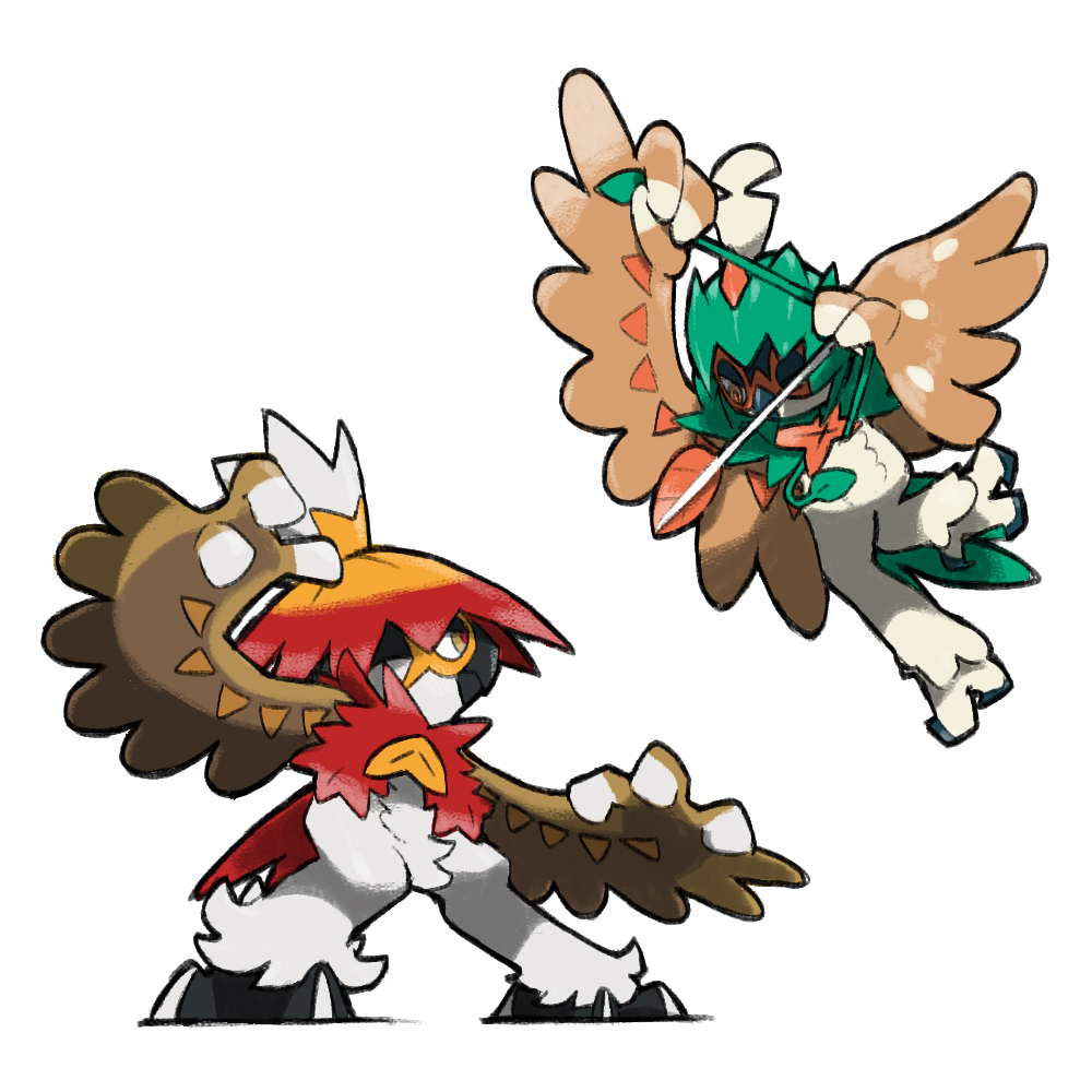 animal_focus arrow_(projectile) bird blacknirrow commentary decidueye english_commentary fighting_stance gen_7_pokemon hisuian_decidueye nintendo no_humans orange_eyes pokemon pokemon_(creature) pokemon_focus red_pupils simple_background white_background yellow_eyes