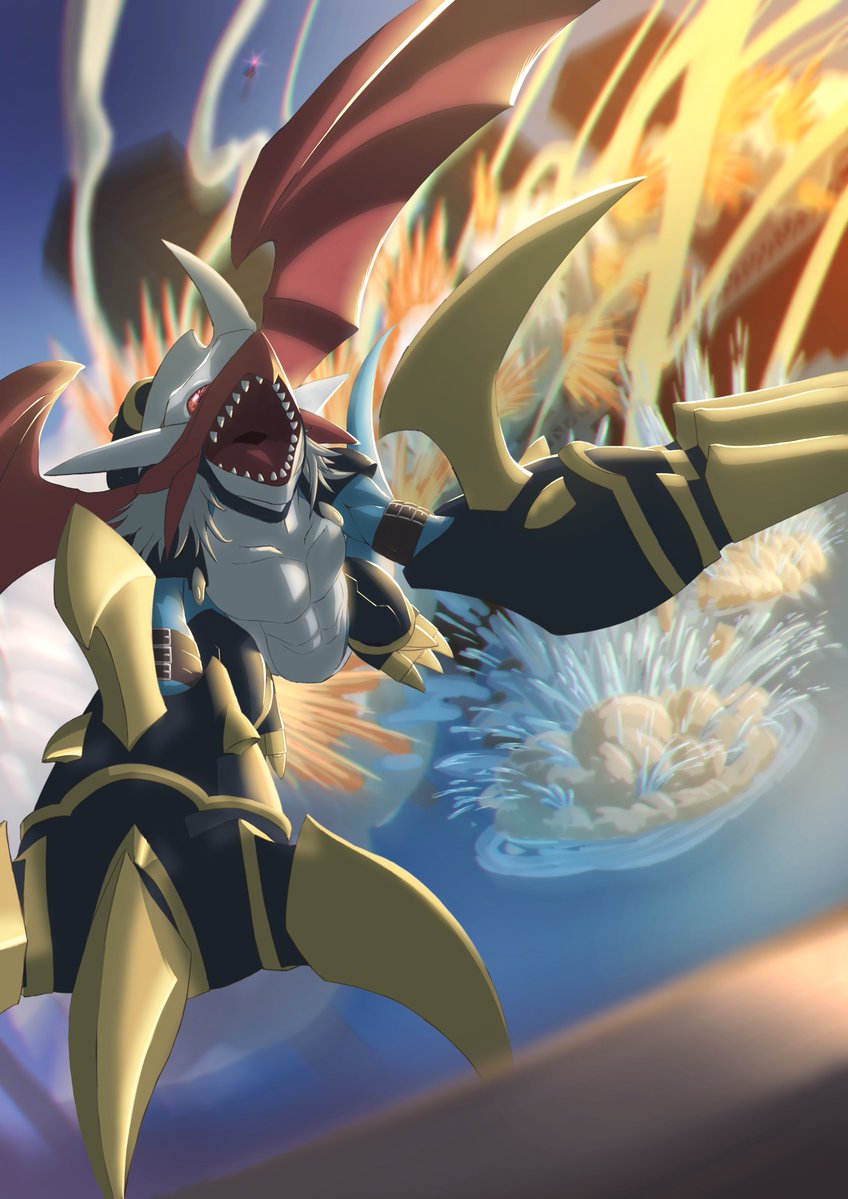 armor black_armor blue_skin colored_skin digimon digimon_(creature) dragon explosion imperialdramon imperialdramon_dragon_mode midair open_mouth red_wings sharp_teeth solo teeth wata_neji water wings
