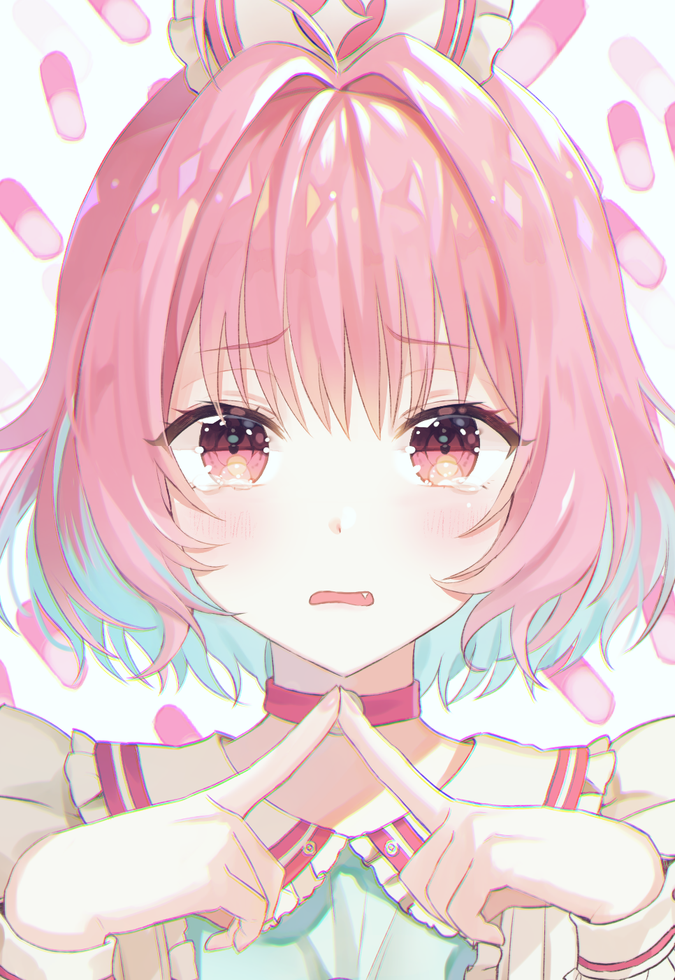1girl ahoge bad_id bad_pixiv_id blue_dress blue_hair blush choker chromatic_aberration dress eyelashes fang fingers_together hair_intakes hands_up hat highres idolmaster idolmaster_cinderella_girls index_fingers_together looking_at_viewer multicolored_hair nurse_cap open_mouth pill_background pink_eyes pink_hair ppyono tearing_up two-tone_hair upper_body wrist_cuffs yumemi_riamu