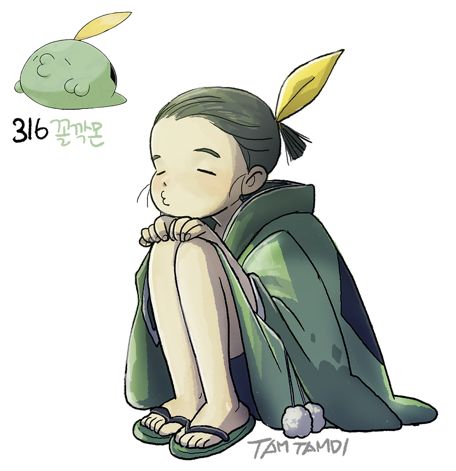 1boy black_hair closed_eyes commentary fingernails full_body game_freak gen_3_pokemon green_kimono gulpin hair_ribbon japanese_clothes kimono knees_up male_focus nintendo personification pokemon pokemon_(creature) pom_pom_(clothes) pursed_lips ribbon sandals simple_background tamtamdi translated white_background wide_sleeves yellow_ribbon
