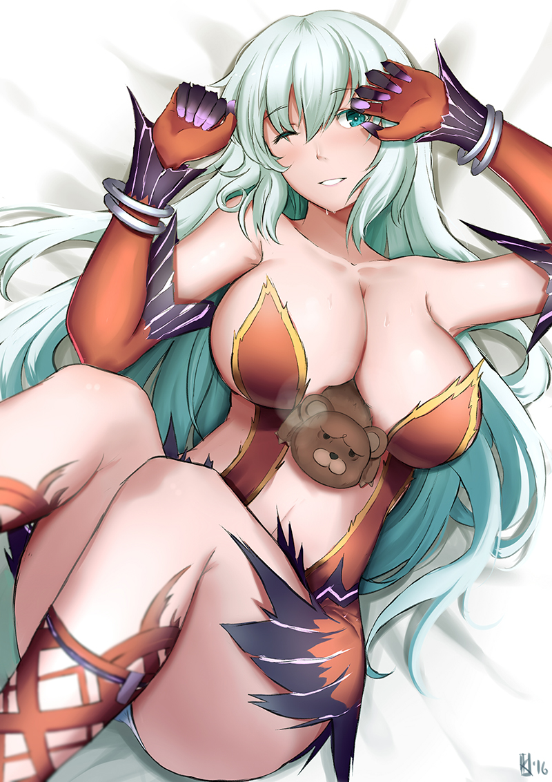 1girl ahoge aqua_eyes aqua_hair artemis_(fate) artemis_(third_ascension)_(fate) bare_shoulders breasts cleavage colorized dress elbow_gloves fate/grand_order fate_(series) female_focus from_above gloves impossible_clothes kakekcaboel large_breasts long_hair looking_at_viewer lying on_back one_eye_closed orion_(bear)_(fate) parted_lips sideboob solo stuffed_animal stuffed_toy teddy_bear thighs