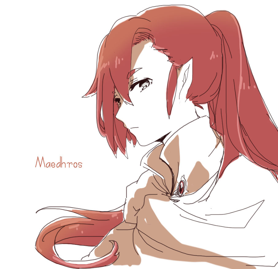 1boy character_name closed_mouth collar elf eyelashes gem high_collar high_ponytail jewelry long_hair looking_at_viewer maedhros male_focus pixiv_id_43894224 pointy_ears ponytail prince red_hair simple_background solo the_silmarillion tolkien&#039;s_legendarium