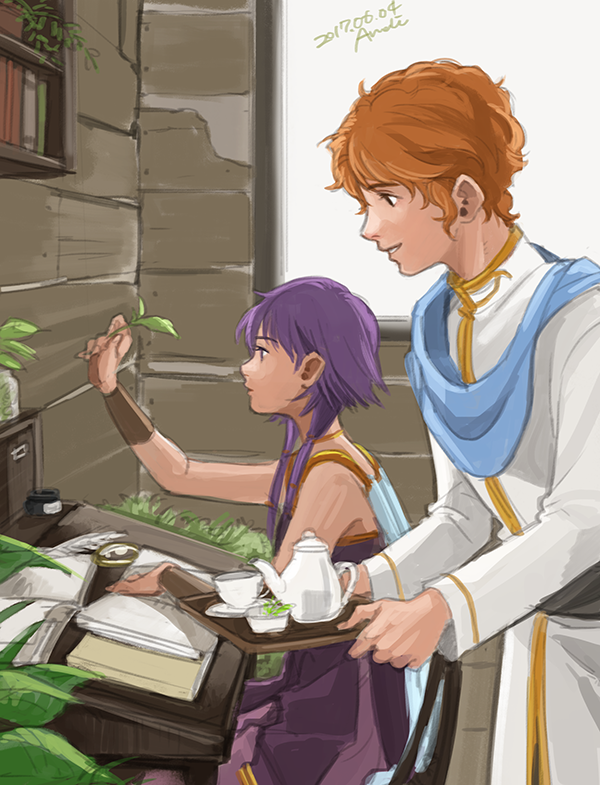 1boy 1girl annelie artur_(fire_emblem) bare_shoulders book breasts cape couple cup dress fire_emblem fire_emblem:_the_sacred_stones hetero indoors lute_(fire_emblem) medium_breasts nintendo orange_eyes orange_hair priest purple_eyes purple_hair robe short_hair simple_background slice_of_life smile tea tea_set teacup teapot twintails