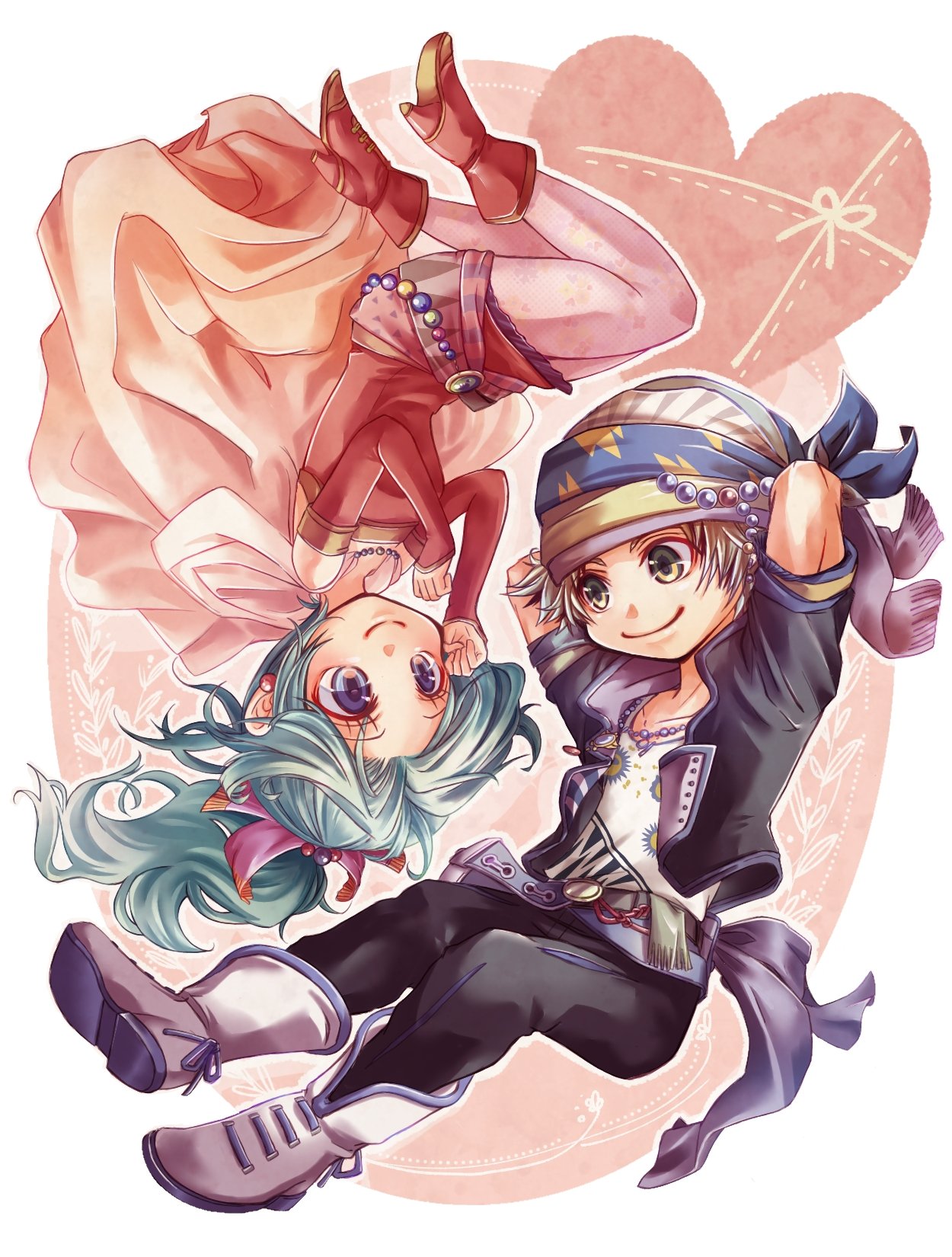 1boy 1girl arms_behind_back ayana_(iqaw5cfohvdtver) bare_shoulders black_jacket black_pants blue_eyes boots border breasts cape detached_sleeves dress earrings final_fantasy final_fantasy_vi full_body gold_trim green_hair grey_eyes grey_hair hair_bobbles hair_ornament hair_ribbon headscarf highres jacket jewelry locke_cole long_hair looking_at_another medium_breasts necklace pants pantyhose parted_bangs pink_pantyhose ponytail print_shirt red_dress red_footwear red_sleeves ribbon sash shirt short_hair sleeves_rolled_up smile strapless strapless_dress tina_branford tube_dress upside-down waist_sash white_border white_footwear