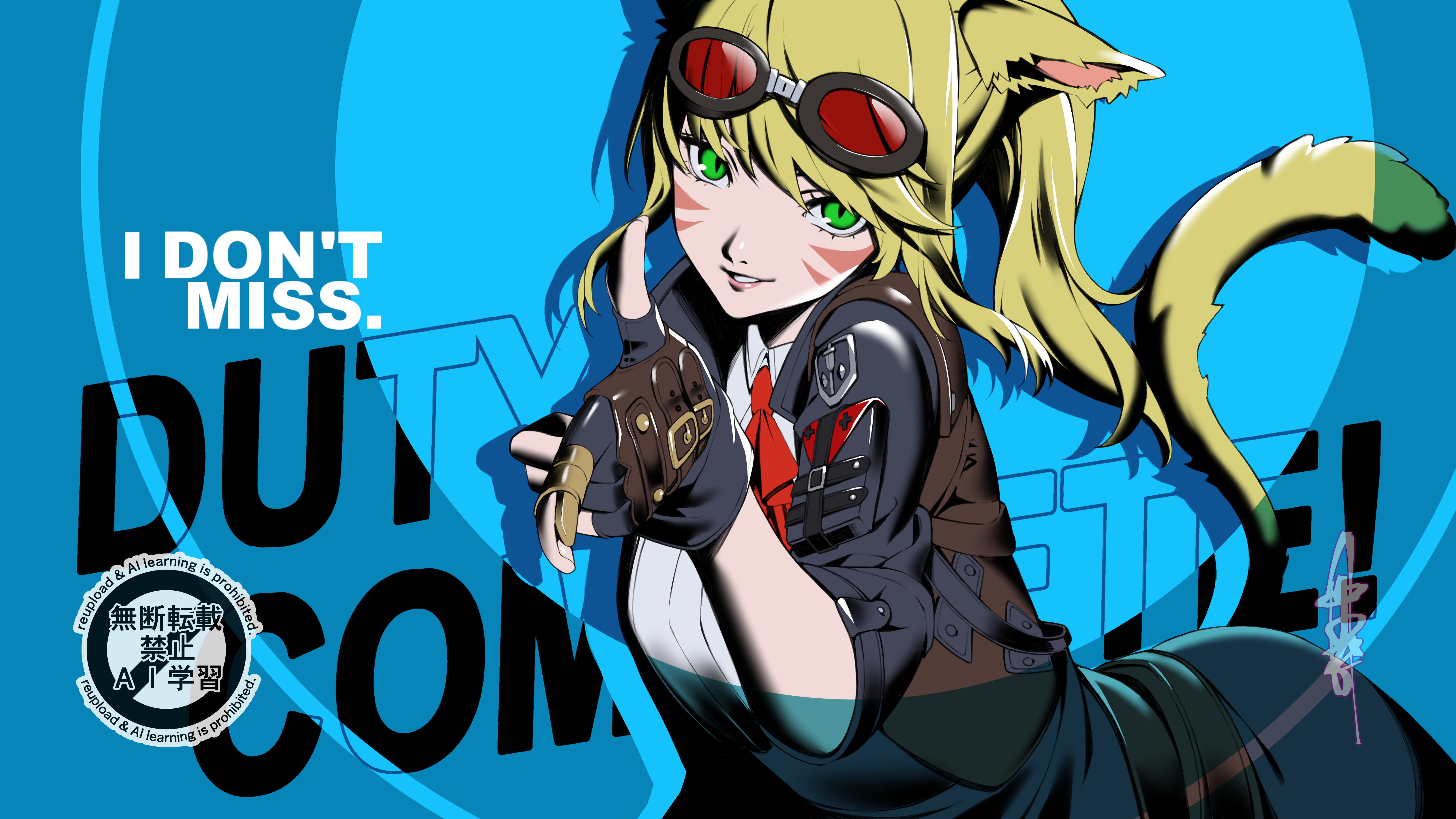 1girl absurdres all-out_attack animal_ears bent_over blonde_hair blue_background cat_ears cat_girl cat_tail collared_shirt commentary_request commission english_text final_fantasy final_fantasy_xiv goggles goggles_on_head green_eyes grin highres jacket looking_at_viewer miqo'te nakano_maru open_clothes open_jacket original persona persona_3 persona_3_reload ponytail red-tinted_eyewear shirt skeb_commission slit_pupils smile solo tail three-quarter_sleeves tinted_eyewear warrior_of_light_(ff14) watermark white_shirt