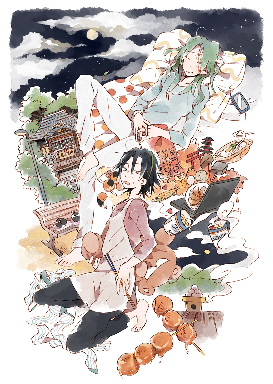 2boys apron architecture autumn_leaves barefoot bench black_hair black_pants blue_shirt blue_sleeves border chopsticks closed_eyes cloud collarbone cup_ramen dango dumpling east_asian_architecture food frown full_body full_moon green_hair green_hairband grey_apron h_kawa hair_over_shoulder hairband highres hill holding holding_chopsticks holding_stuffed_toy hood hood_down hoodie jiaozi knee_up kneeling leaf long_hair long_sleeves loose_hair_strand lying makishima_yuusuke male_focus mole mole_under_mouth moon multiple_boys night night_sky on_back open_mouth oversized_object pants parted_lips plate red_hood red_hoodie red_sleeves shirt short_hair shrine sky sleeping smile star_(sky) starry_sky steam stuffed_animal stuffed_toy sweatdrop teddy_bear toes torii toudou_jinpachi tree wagashi white_background white_border white_pants yowamushi_pedal