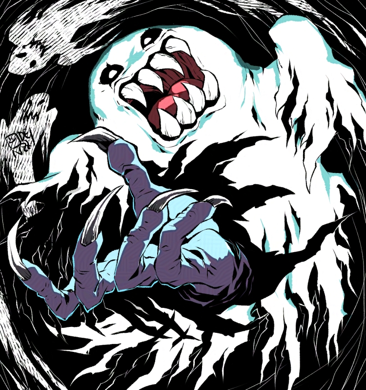 bakemon black_background digimon digimon_(creature) fingernails ghost long_fingernails oden_(odenzzi) open_mouth sharp_teeth sheet_ghost simple_background solo teeth
