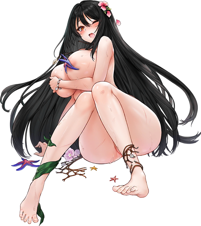 1girl amphitrite_(last_origin) anklet areola_slip barefoot bikini bikini_bottom_aside black_hair blush bracelet breasts broken_necklace clothing_aside covering_nipples covering_privates crumbling defeat falling_petals feet flower full_body hair_between_eyes hair_flower hair_ornament injury jewelry kelp knees_together_feet_apart large_breasts last_origin leaf_bracelet long_hair looking_at_viewer mel_(dodosae) necklace net official_alternate_costume official_art one_eye_closed open_mouth partially_visible_vulva petals pink_flower red_eyes saliva seaweed shell shell_necklace simple_background sitting skindentation solo starfish_bikini suggestive_fluid sweat swimsuit tachi-e tearing_up third-party_source toenails toes torn_bikini torn_clothes transparent_background underboob