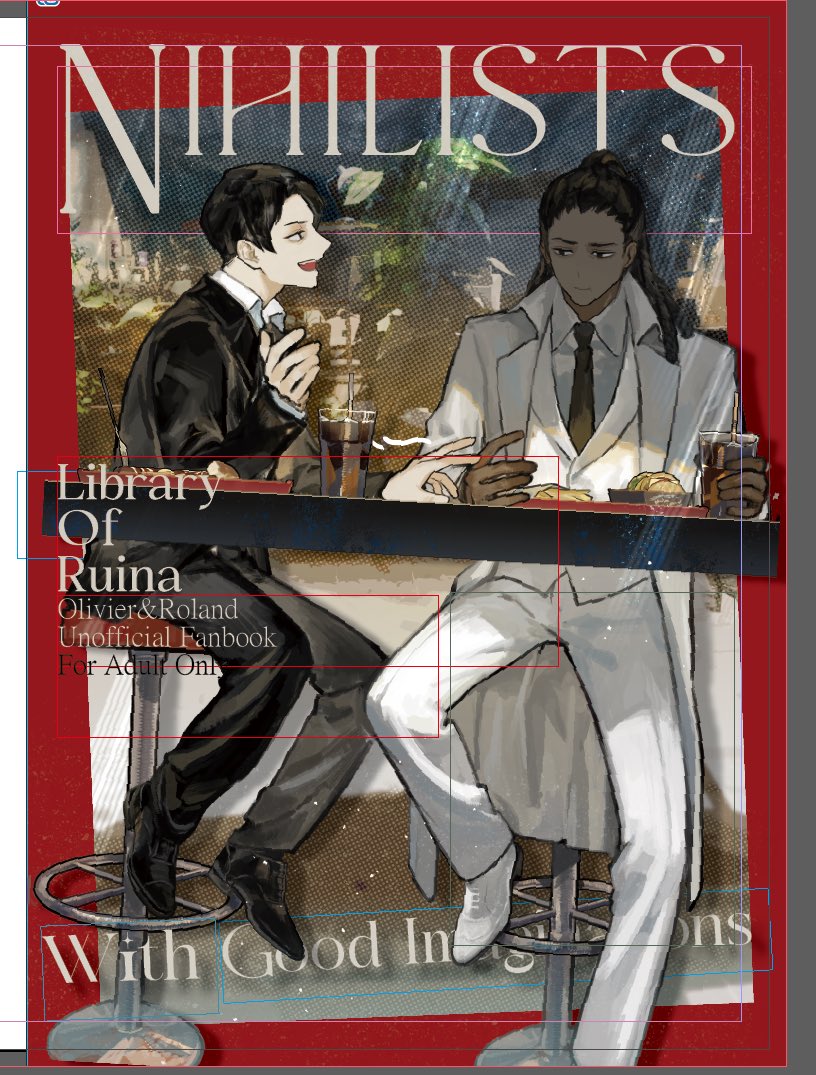 2boys :/ :d art_program_in_frame bar_stool black_hair black_necktie border coat collared_shirt cover cup dark-skinned_male dark_skin drink english_text food formal_clothes hair_slicked_back hand_up high_ponytail holding holding_cup library_of_ruina light_particles looking_at_another magazine_cover multiple_boys necktie olivier_(project_moon) on_stool open_mouth outside_border ponytail popped_collar project_moon reaching reaching_towards_another red_border roland_(project_moon) second-party_source shirt short_hair smile stool suit table talking teeth tray upper_teeth_only white_coat white_shirt white_suit wuruko