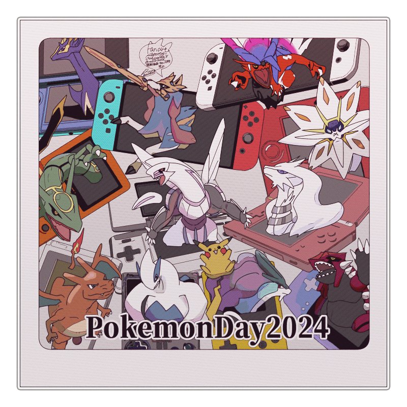 anniversary border charizard claws commentary_request copyright_name game_boy game_boy_advance game_boy_advance_sp game_boy_color gen_1_pokemon gen_2_pokemon gen_3_pokemon gen_4_pokemon gen_5_pokemon gen_6_pokemon gen_7_pokemon gen_8_pokemon groudon handheld_game_console koraidon legendary_pokemon lugia mouth_hold nintendo nintendo_3ds nintendo_ds nintendo_switch open_mouth palkia pikachu pokemon pokemon_(creature) rayquaza reshiram sagemaru-br signature solgaleo suicune sword tongue weapon white_border xerneas zacian