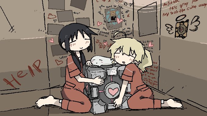 2girls ahoge alternate_costume aperture_science_weighted_companion_cube barefoot black_hair blonde_hair blush chell chell_(cosplay) chito_(shoujo_shuumatsu_ryokou) closed_eyes closed_mouth commentary cosplay cube english_text heart indoors jumpsuit long_hair low_twintails multiple_girls nuko_(shoujo_shuumatsu_ryokou) hugging_object open_mouth orange_jumpsuit parody ponytail portal_(series) short_sleeves shoujo_shuumatsu_ryokou sitting twintails writing_on_wall yoyohachi yuuri_(shoujo_shuumatsu_ryokou)