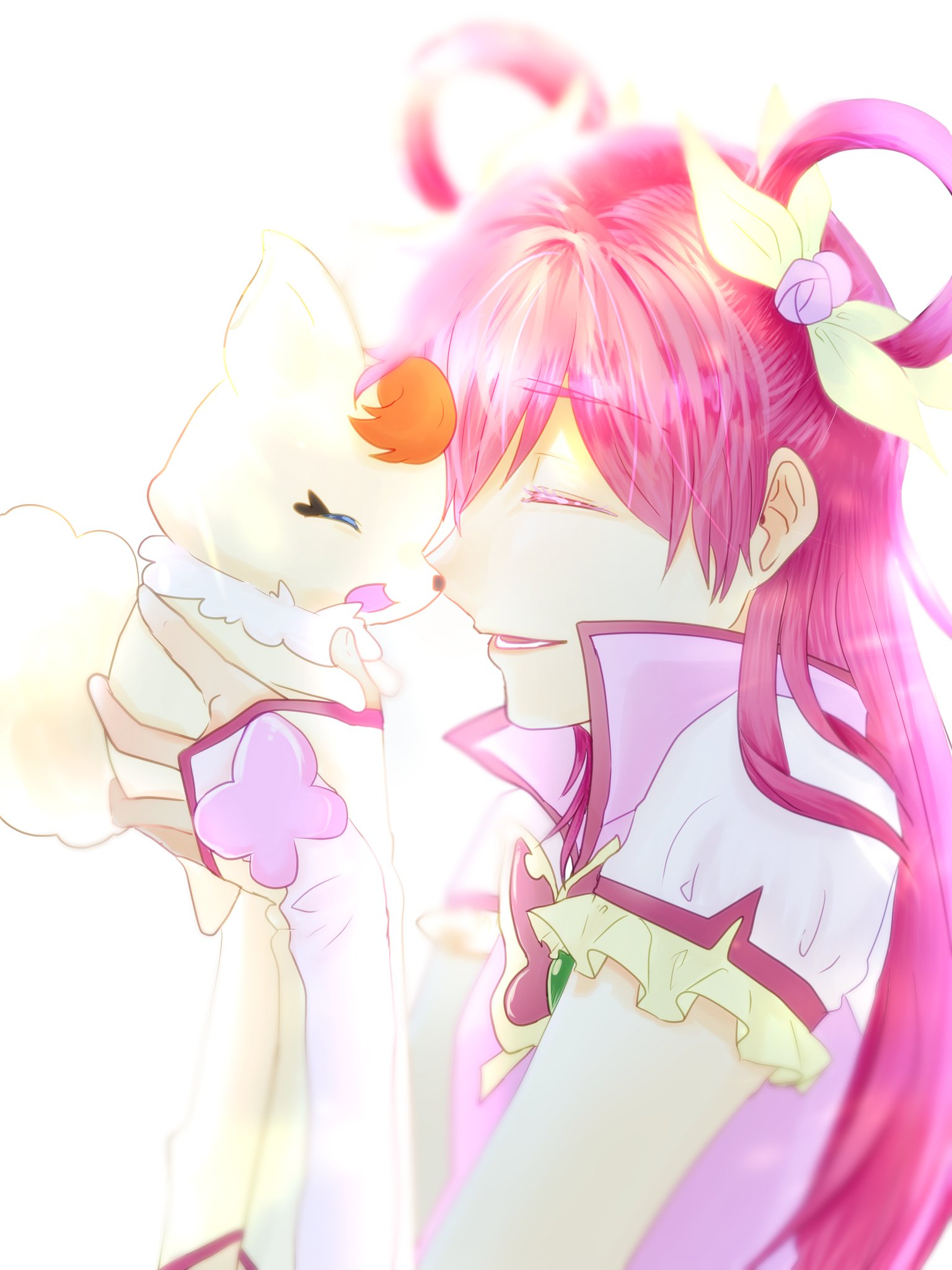 1boy 1girl arm_warmers brooch butterfly_brooch closed_eyes coco_(yes!_precure_5) creature cure_dream dress fairy flower hair_flower hair_ornament hair_ribbon hair_rings highres holding holding_creature jewelry karuka_(nasuke_24601) long_hair magical_girl open_mouth pink_hair pink_vest precure ribbon short_sleeves upper_body vest white_dress yellow_ribbon yes!_precure_5 yes!_precure_5_gogo! yumehara_nozomi