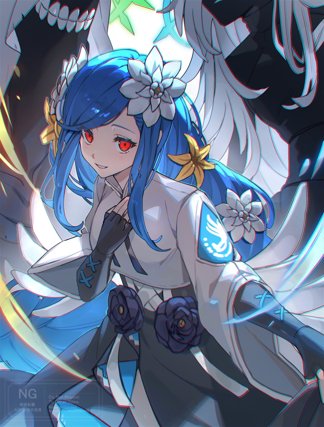 1girl 2others black_flower black_skirt blue_hair commentary_request dizzy_(guilty_gear) fingerless_gloves flower gloves guilty_gear guilty_gear_strive hair_flower hair_ornament hand_on_own_chest highres long_hair low-braided_long_hair low-tied_long_hair mature_female multiple_others necro_(guilty_gear) official_alternate_hairstyle parted_lips queen_dizzy red_eyes shirt skirt swept_bangs teeth tsugutoku undine_(guilty_gear) very_long_hair white_flower white_hair white_shirt wide_sleeves yellow_flower